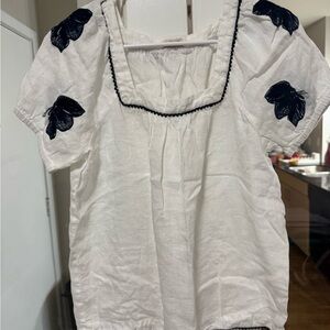 J. Crew White and Black Puff Sleeve Blouse